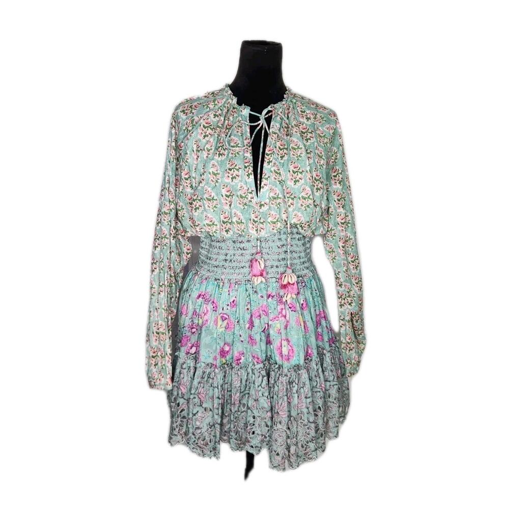 Hemant & Nandita Hera Long Sleeve Floral Mini Dress In Mint Macaron Size M - Picture 2 of 12